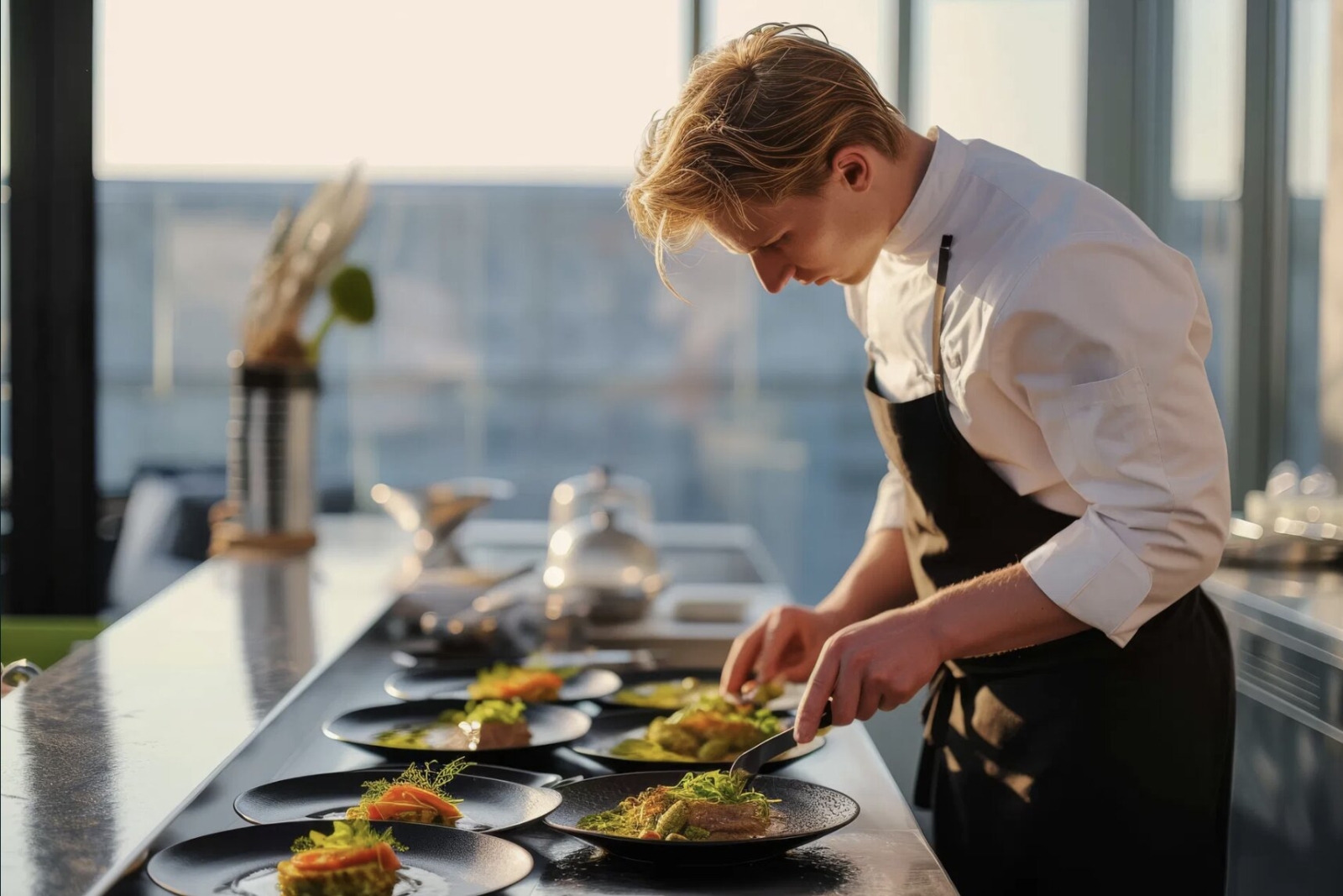 A professional chef in a white apron attentively preparing multiple plates with fresh ingredients in a modern kitchen setting.